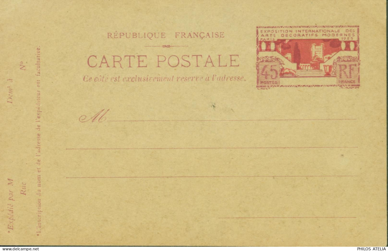 Entier Carte Postale Exposition Internationale Des Arts Décoratifs Modernes Paris 1925 45c Violet & Carmin Carton Vert - Standard Postcards & Stamped On Demand (before 1995)