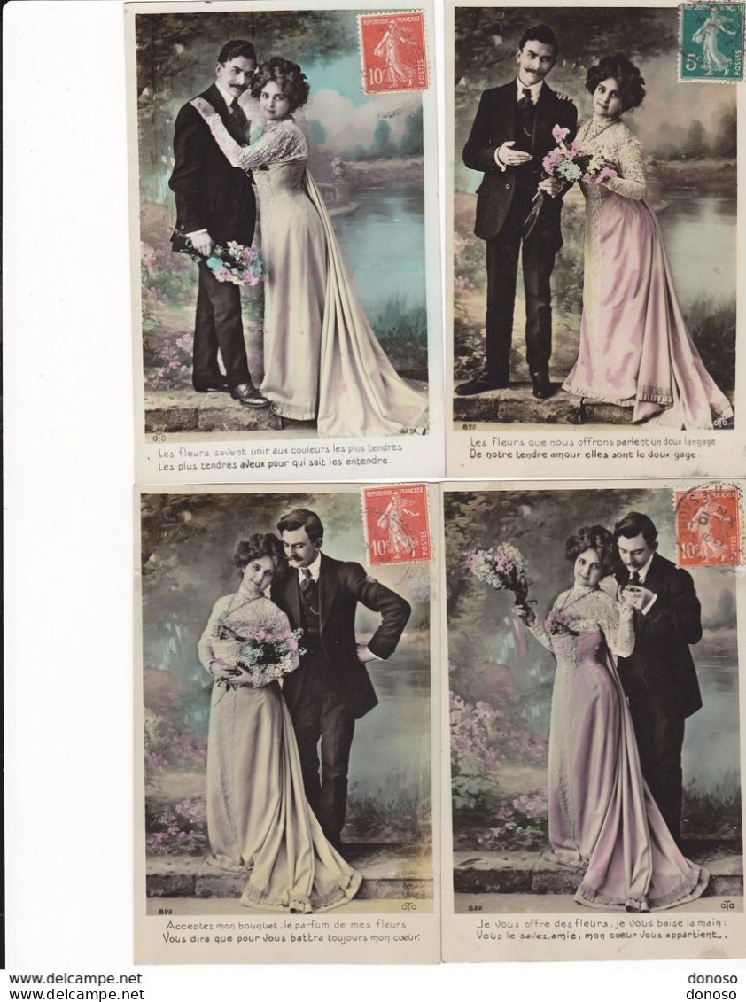 COUPLES LES FLEURS 4 CPA Coloré  Circulé  Cachet De 1910 - Couples