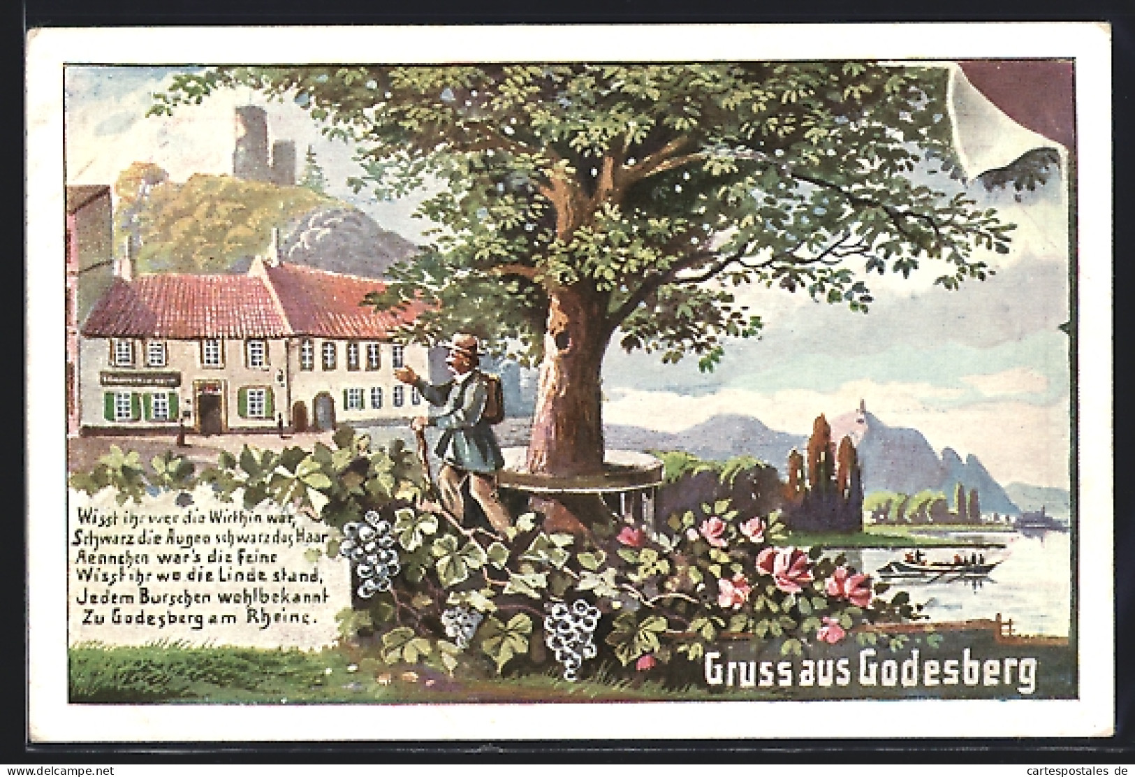 AK Godesberg, Ortsansicht Mit Wanderer Und Baum  - Other & Unclassified