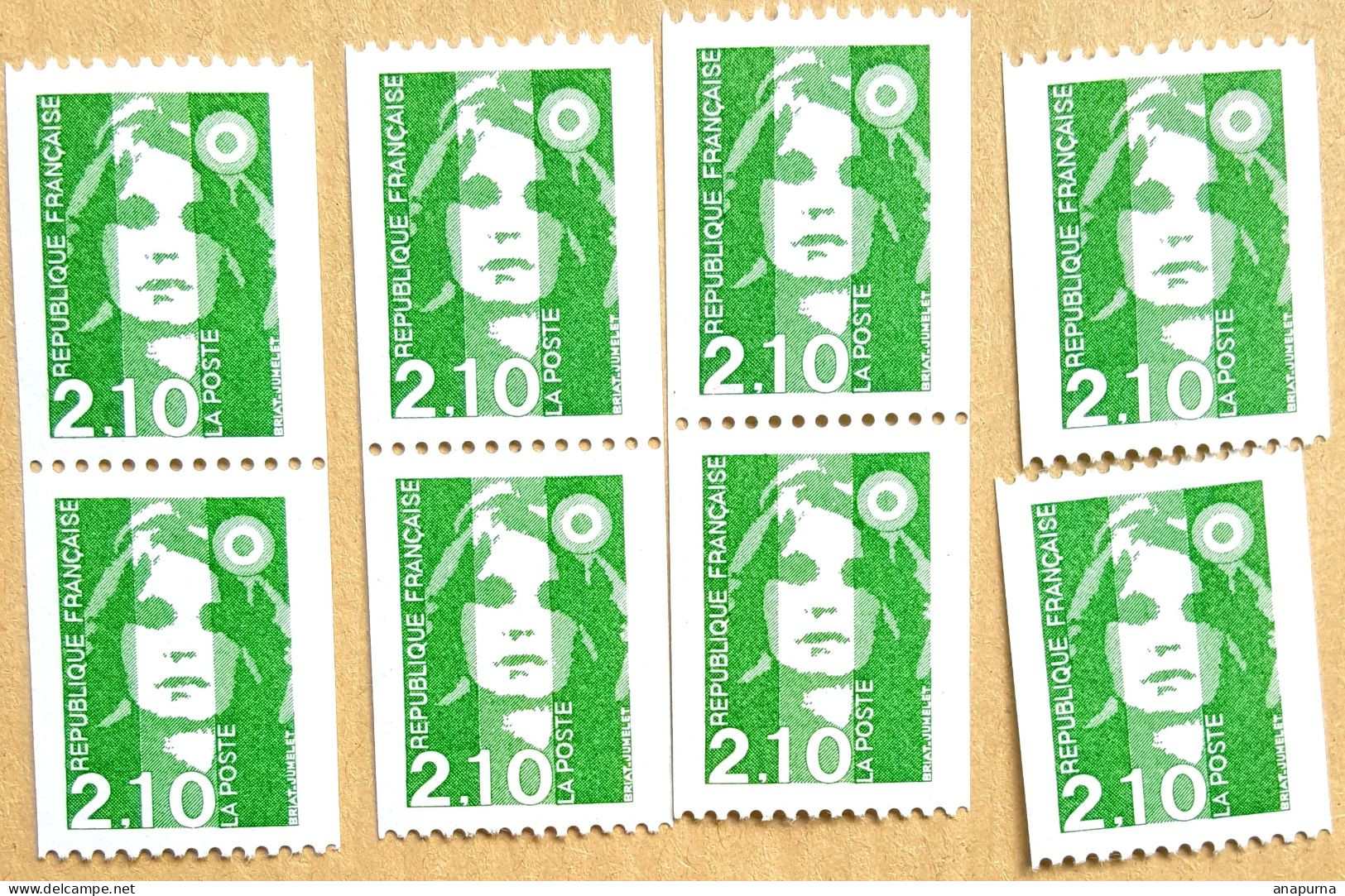 Lot 8 Timbres Roulette Briat, 5 Avec Numéro Rouge, 2627a, Marianne, Bicentenaire, 2,10F - Coil Stamps