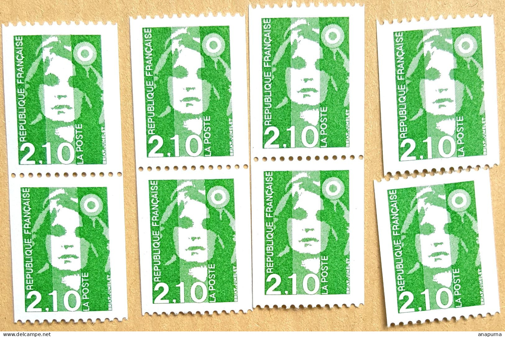 Lot 8 Timbres Roulette Briat, 5 Avec Numéro Rouge, 2627a, Marianne, Bicentenaire, 2,10F - Francobolli In Bobina