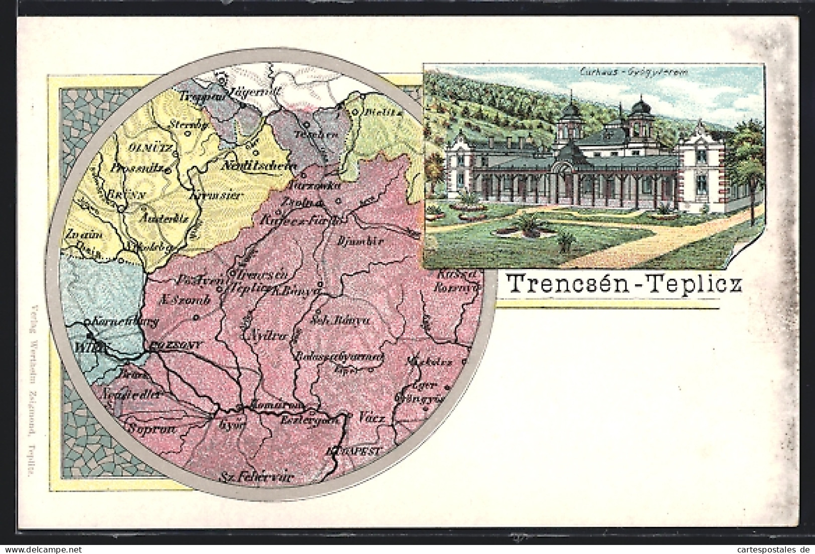 Lithographie Trencsén-Teplicz, Curhaus, Landkarte Der Region Um Den Ort  - Slovaquie