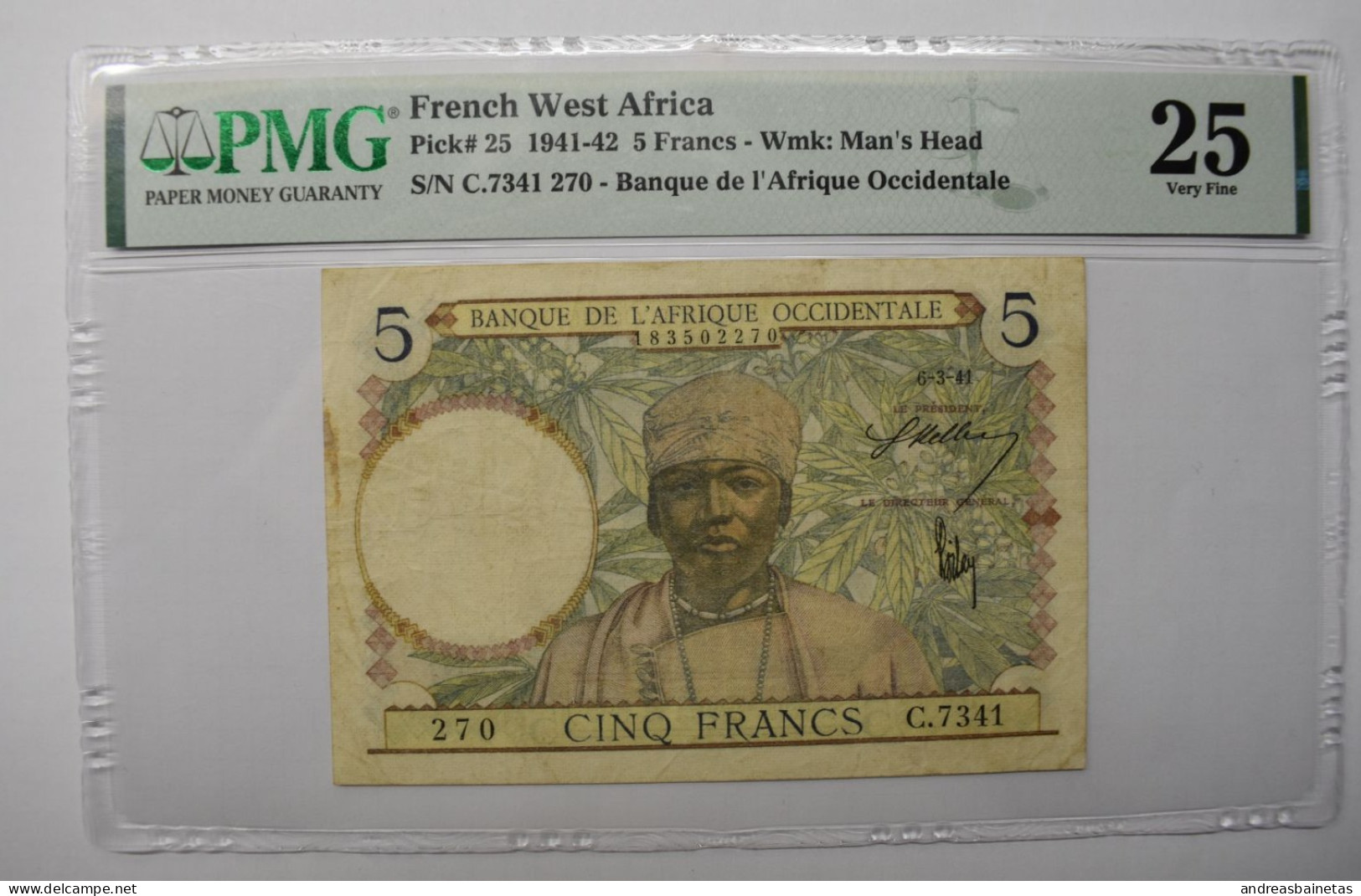 Banknotes FRENCH WEST AFRICA: 5 Francs 6.3.1941 PMG "Very Fine 25 - États D'Afrique De L'Ouest