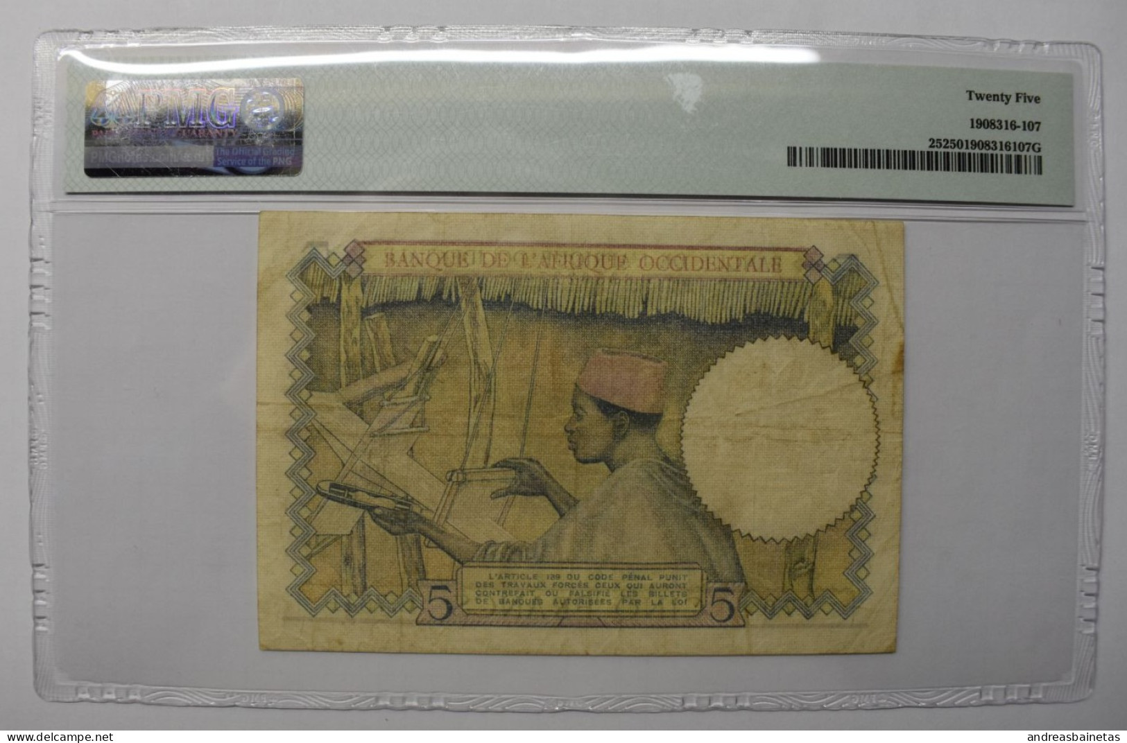 Banknotes FRENCH WEST AFRICA: 5 Francs 6.3.1941 PMG "Very Fine 25 - West African States