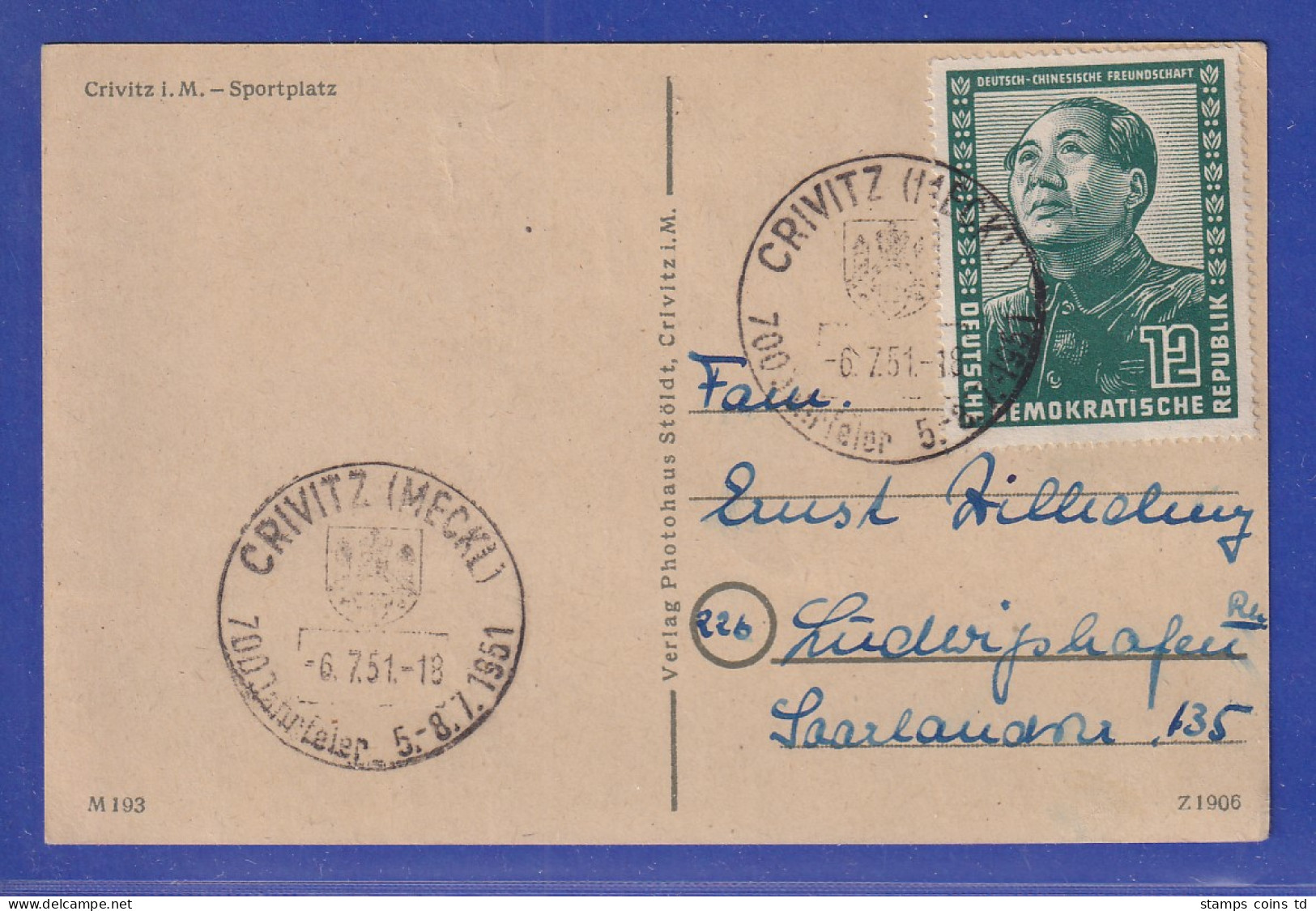 DDR 1951 Chinese Mi.-Nr. 286 Als EF Auf Karte Mit So.-O CRIVITZ Gel. In Die BRD - Andere & Zonder Classificatie