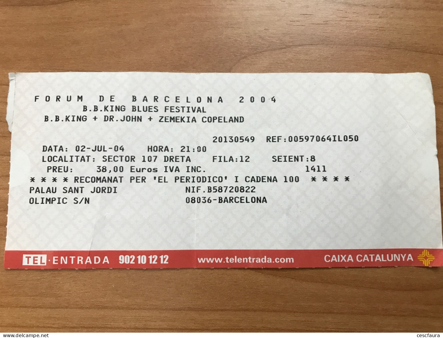 B.B. King Blues Festival Concert Ticket Barcelona 02/07/2004 Palau Sant Jordi Entrada - Konzertkarten