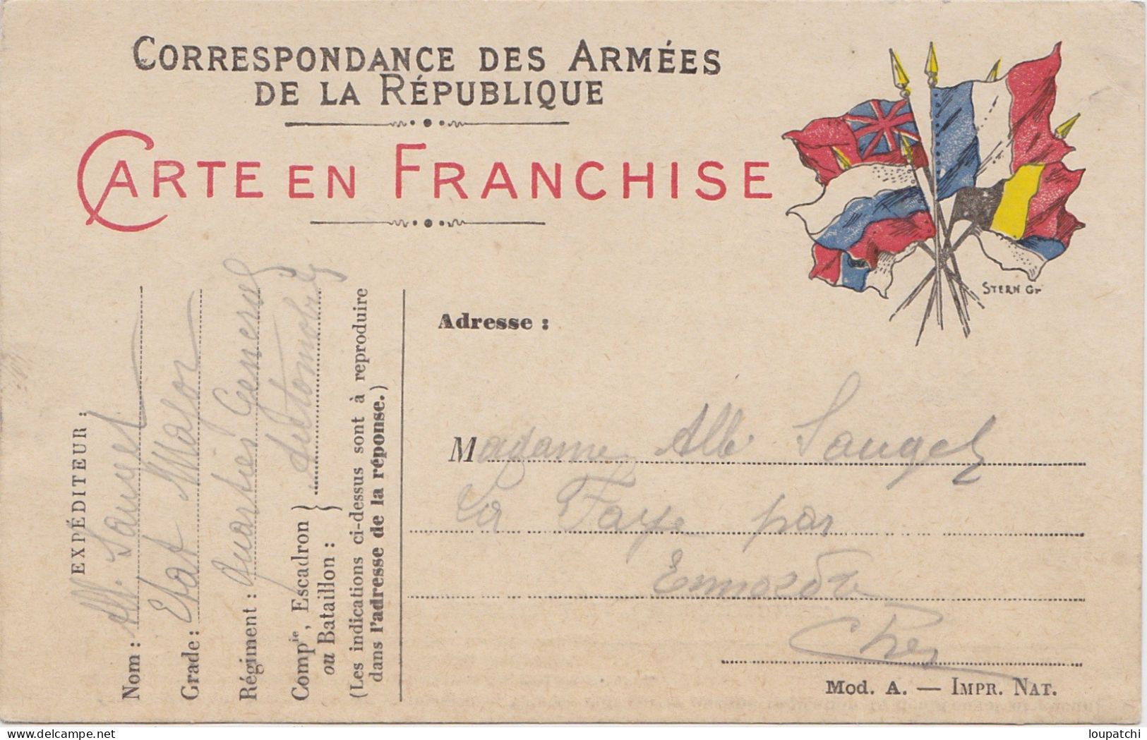 CORRESPONDANCE DES ARMEES DE LA REPUBLIQUE CARTE EN FRANCHISE - Lettres & Documents