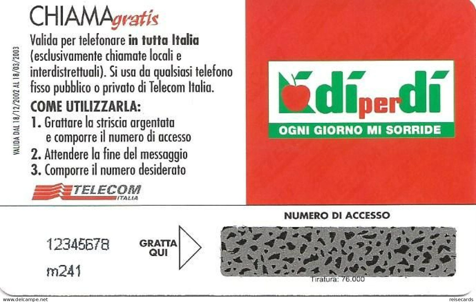 Italy: Telecom Italia Chiama Gratis - Di Per Di,  Buone Feste!. Mint - Públicas  Publicitarias