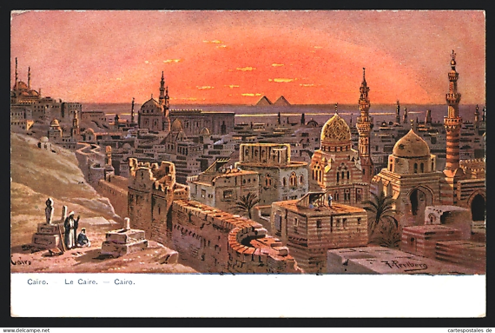 CPA Illustrateur F.Perlberg: Cairo, Vue Générale Des Ortes, Pyramiden Im Hintergrund  - Sonstige & Ohne Zuordnung