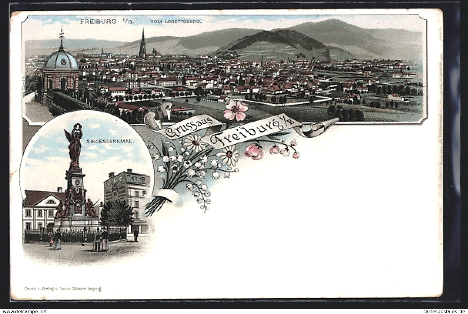 Lithographie Freiburg / Breisgau, Stadtansicht Vom Lorettoberg Und Siegesdenkmal  - Freiburg I. Br.