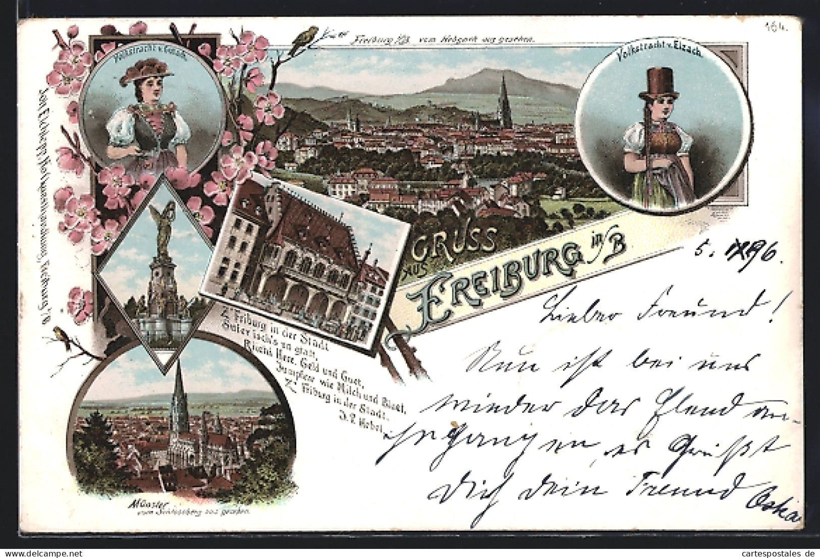 Lithographie Freiburg I. B., Münster, Ortsansicht, Statue, Volkstracht V. Gutach U. Elzach  - Gutach (Breisgau)