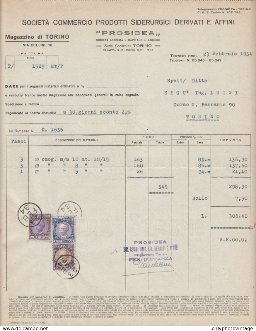 Torino 1934, Prosidea, Commercio Prodotti Siderurgici, Fattura, Marche Da Bollo - Italia