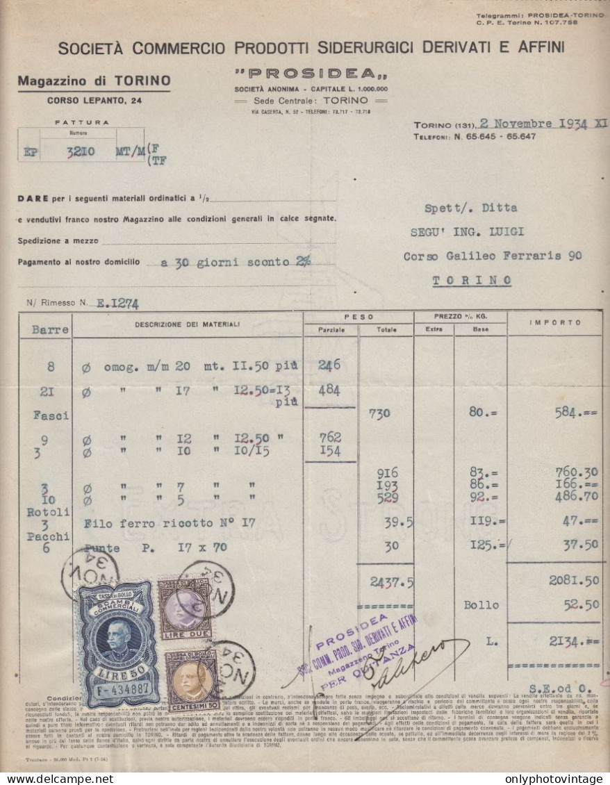 Torino 1934, Prosidea, Commercio Prodotti Siderurgici, Fattura, Marche Da Bollo - Italia