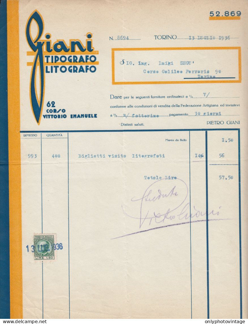 Torino 1936, Giani, Tipografo Litografo, Fattura Commerciale, Marca Da Bollo - Italia