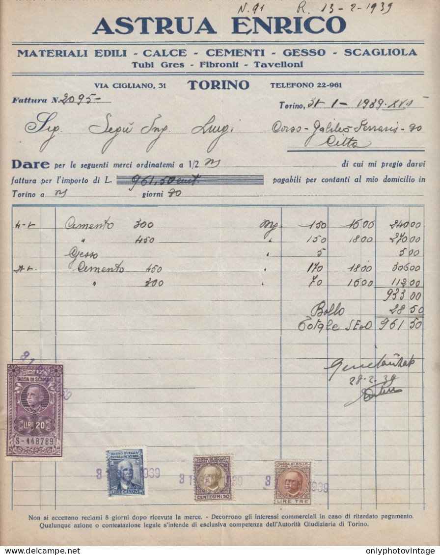 Torino 1939, Astrua Enrico, Materiali Edili, Fattura Epoca, Marche Da Bollo - Italia