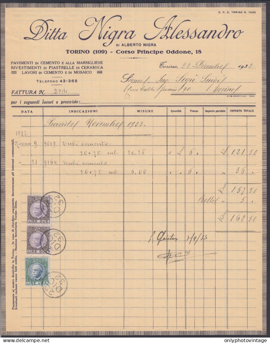 Torino 1932, Ditta Nigra Alessandro, Lavori In Cemento E Marsigliese, Fattura - Italia