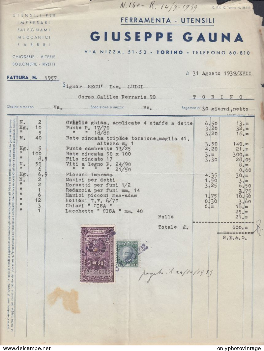 Torino 1939, Giuseppe Gauna Ferramenta Utensili, Fattura Epoca, Marche Da Bollo - Italia