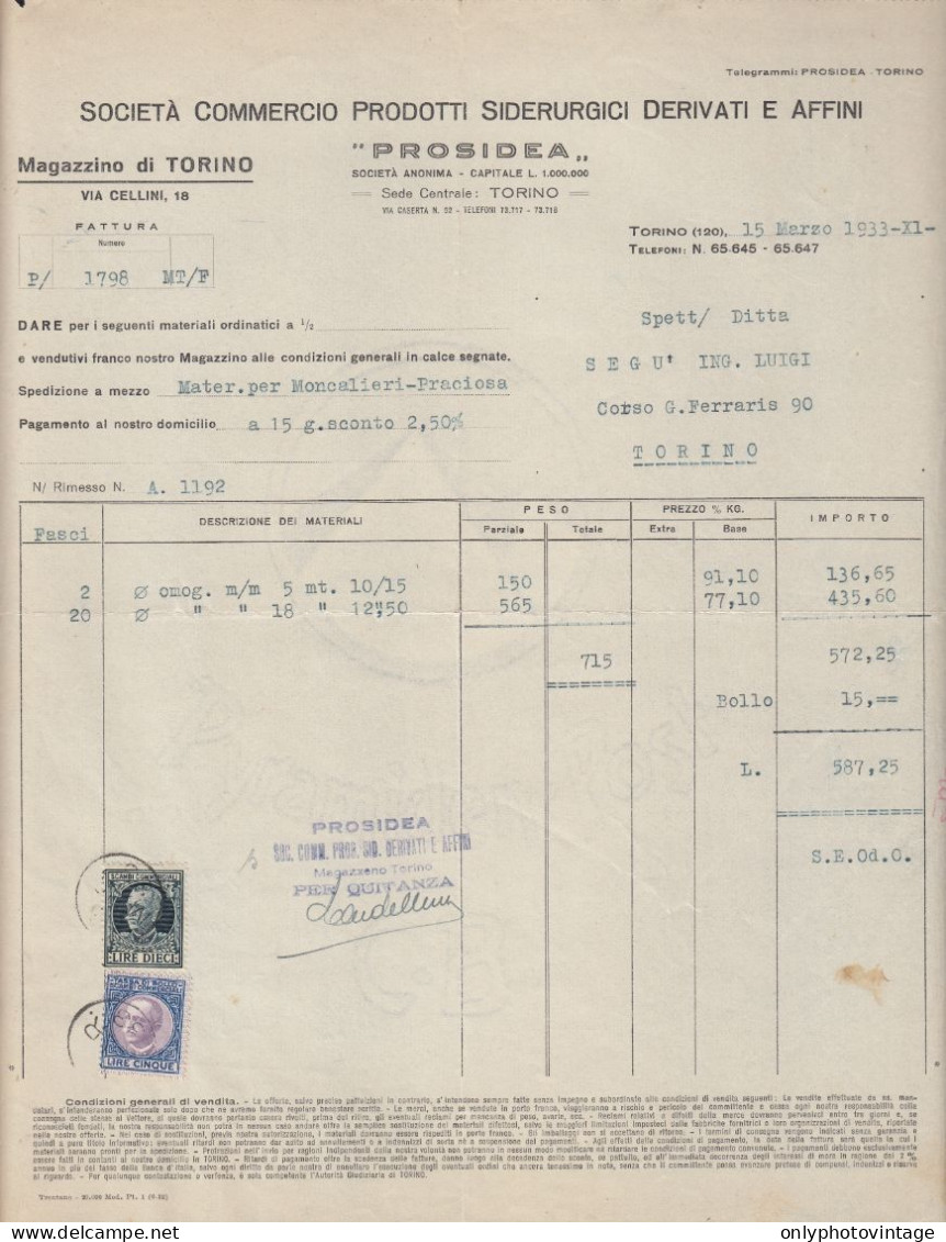 Torino 1933, Prosidea, Commercio Prodotti Siderurgici, Fattura, Marche Da Bollo - Italia