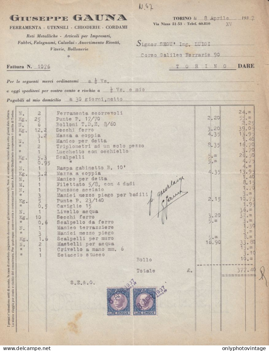 Torino 1937, Giuseppe Gauna Ferramenta Utensili, Fattura Epoca, Marche Da Bollo - Italia