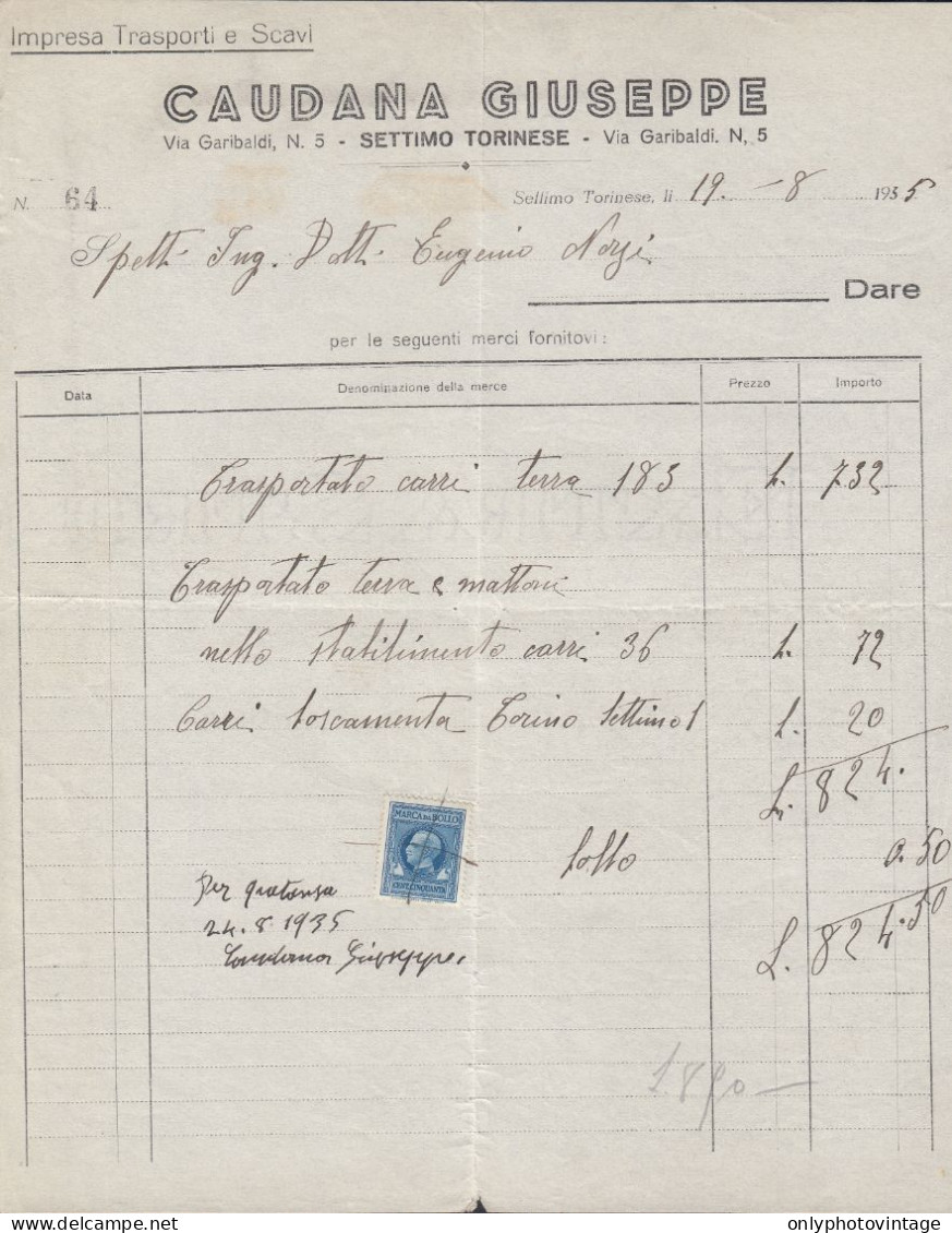Settimo Torinese 1935, Caudana Giuseppe, Impresa Trasporti E Scavi, Fattura - Italia