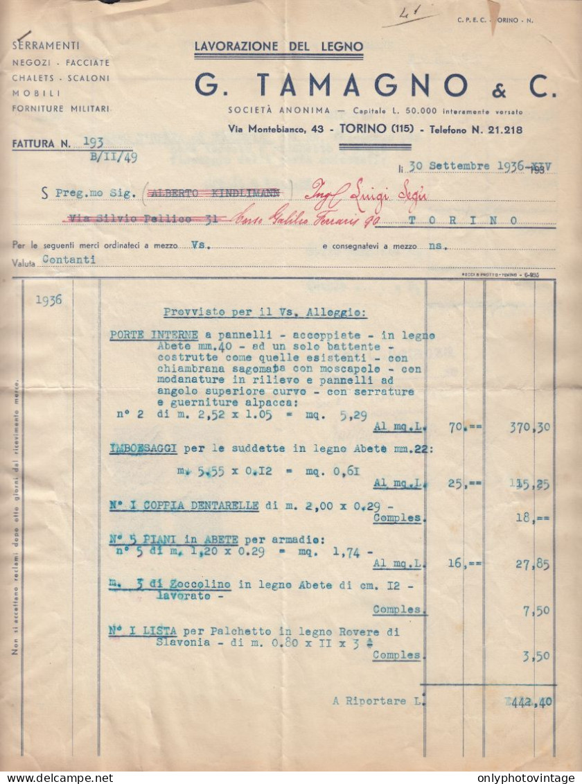 Torino 1936, G. Tamagno & C. Lavorazione Legno, Fattura Epoca, Marche Da Bollo - Italia