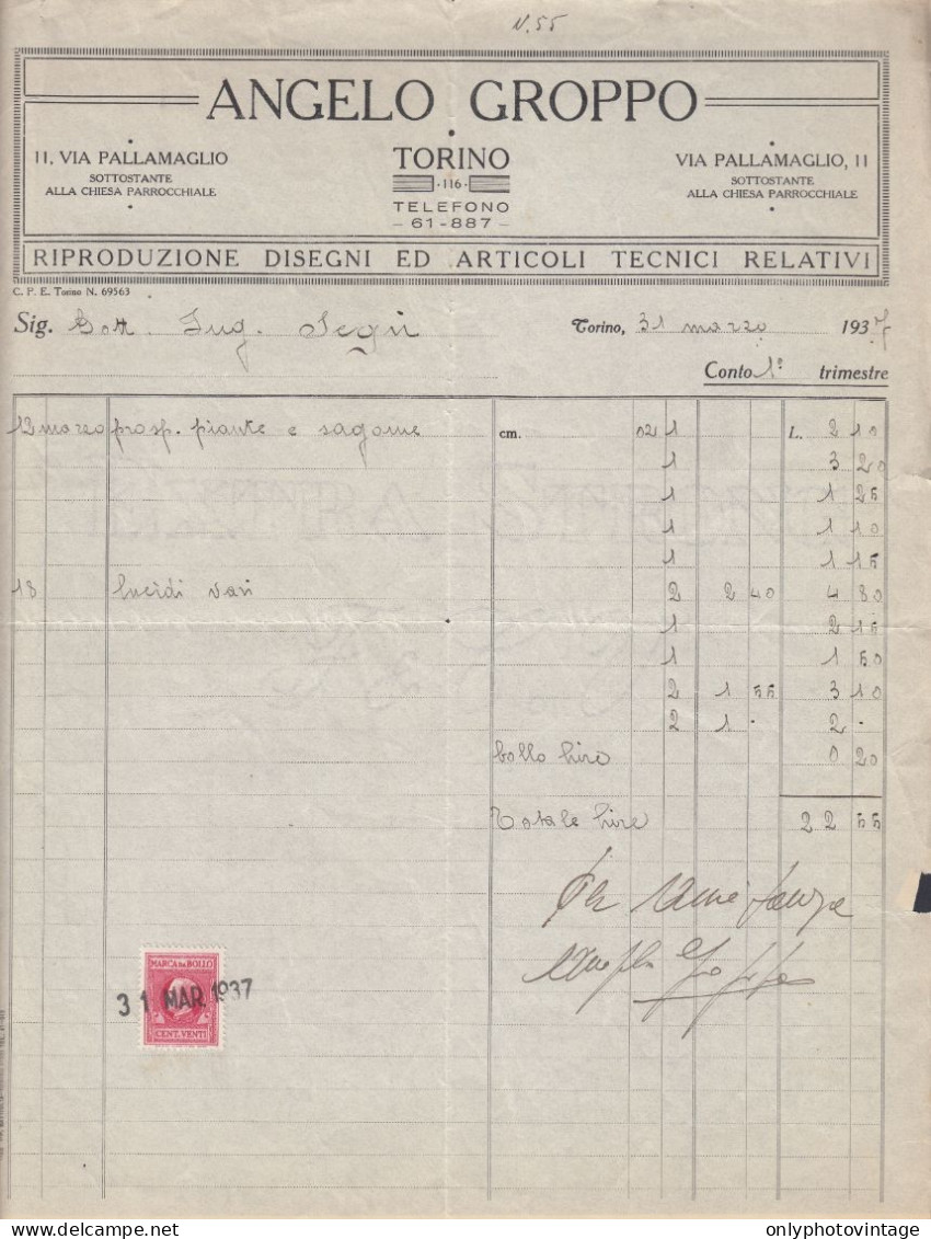 Torino 1937, Angelo Groppo, Riproduzione Disegni Ed Articoli Tecnici, Fattura - Italia