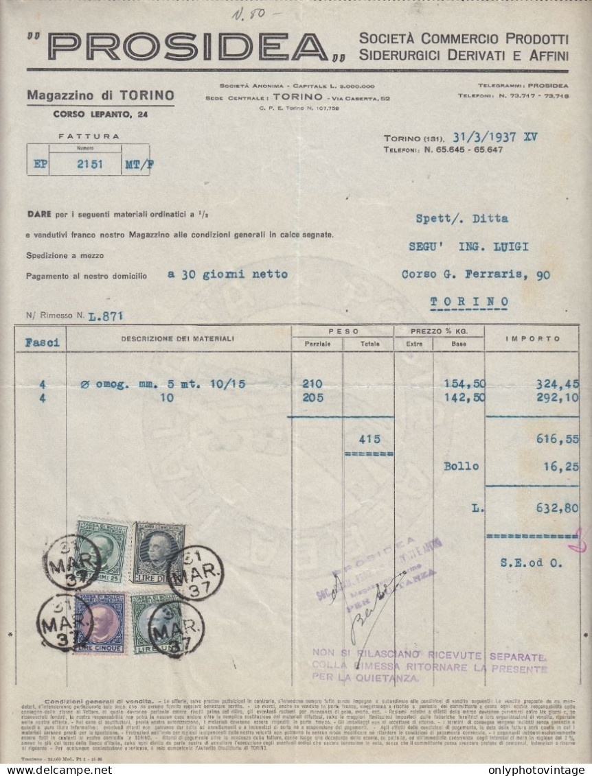 Torino 1937, Prosidea, Commercio Prodotti Siderurgici, Fattura, Marche Da Bollo - Italia