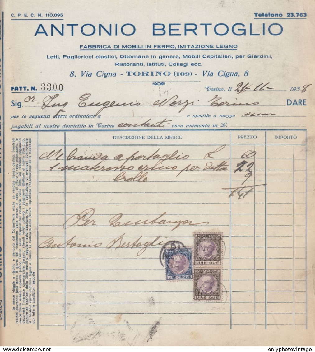 Torino 1938, Antonio Bertoglio Fabbrica Mobili In Ferro, Fattura Marche Da Bollo - Italia
