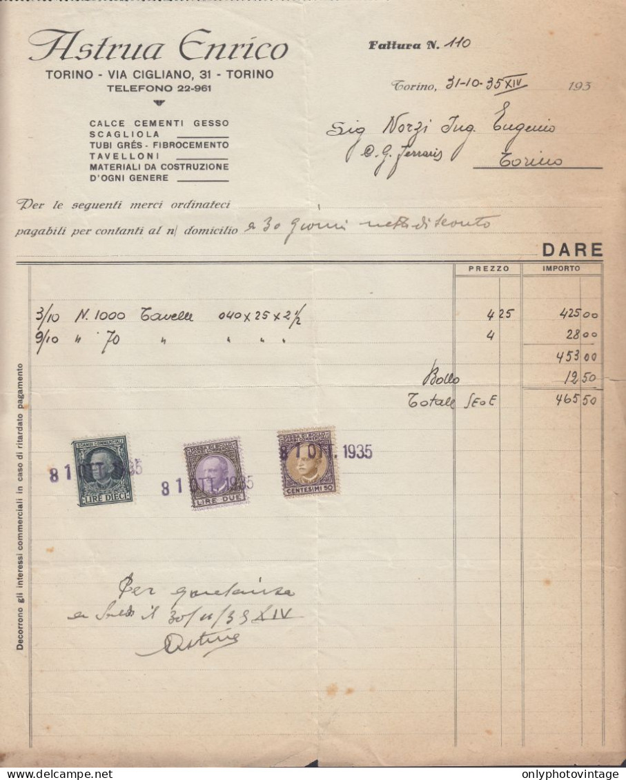 Torino 1935, Astrua Enrico, Materiali Da Costruzione, Marche Da Bollo, Fattura - Italie