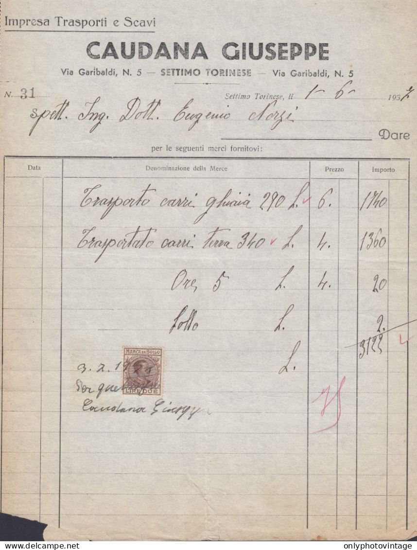 Settimo Torinese 1937, Caudana Giuseppe, Impresa Trasporti E Scavi, Fattura - Italien