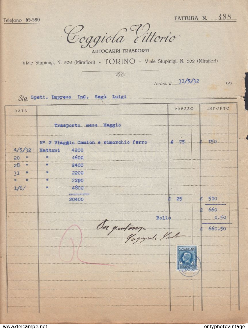 Torino 1932, Coggiola Vittorio, Autocarri Trasporti, Fattura Commerciale Epoca - Italy