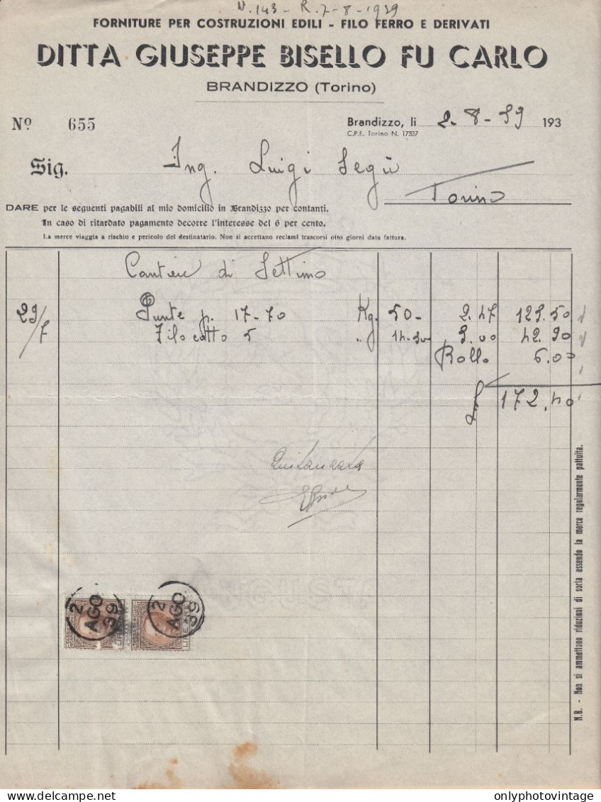 Brandizzo 1939, Ditta Giuseppe Bisello Fu Carlo, Forniture Edili, Fattura Epoca - Italy