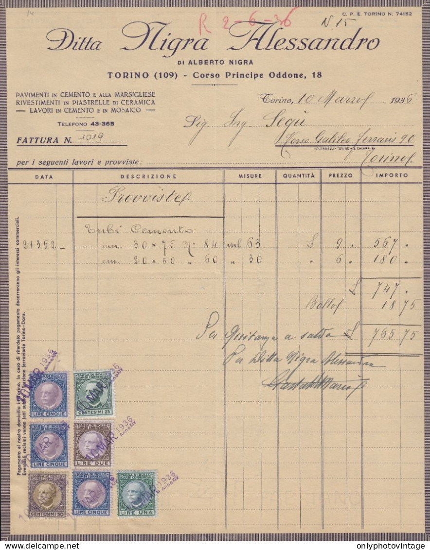 Torino 1936, Ditta Nigra Alessandro, Lavori In Cemento E In Mosaico, Fattura - Italie