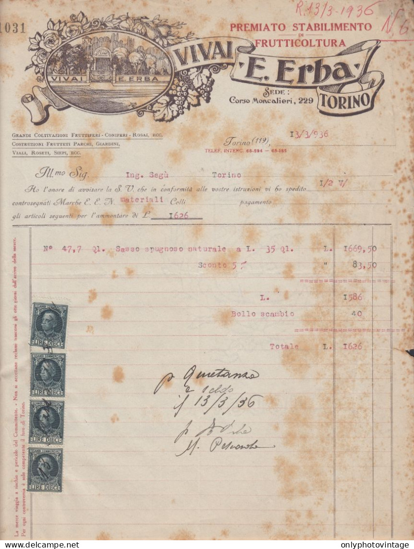 Torino 1936, Vivai E. Erba, Premiato Stabilimento Frutticoltura, Fattura, Marche - Italie