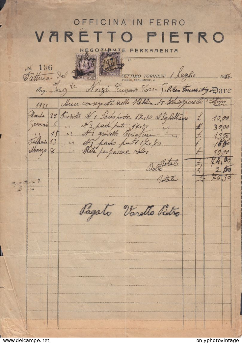 Settimo Torinese 1936, Varetto Pietro, Officina In Ferro, Ferramenta, Fattura - Italie