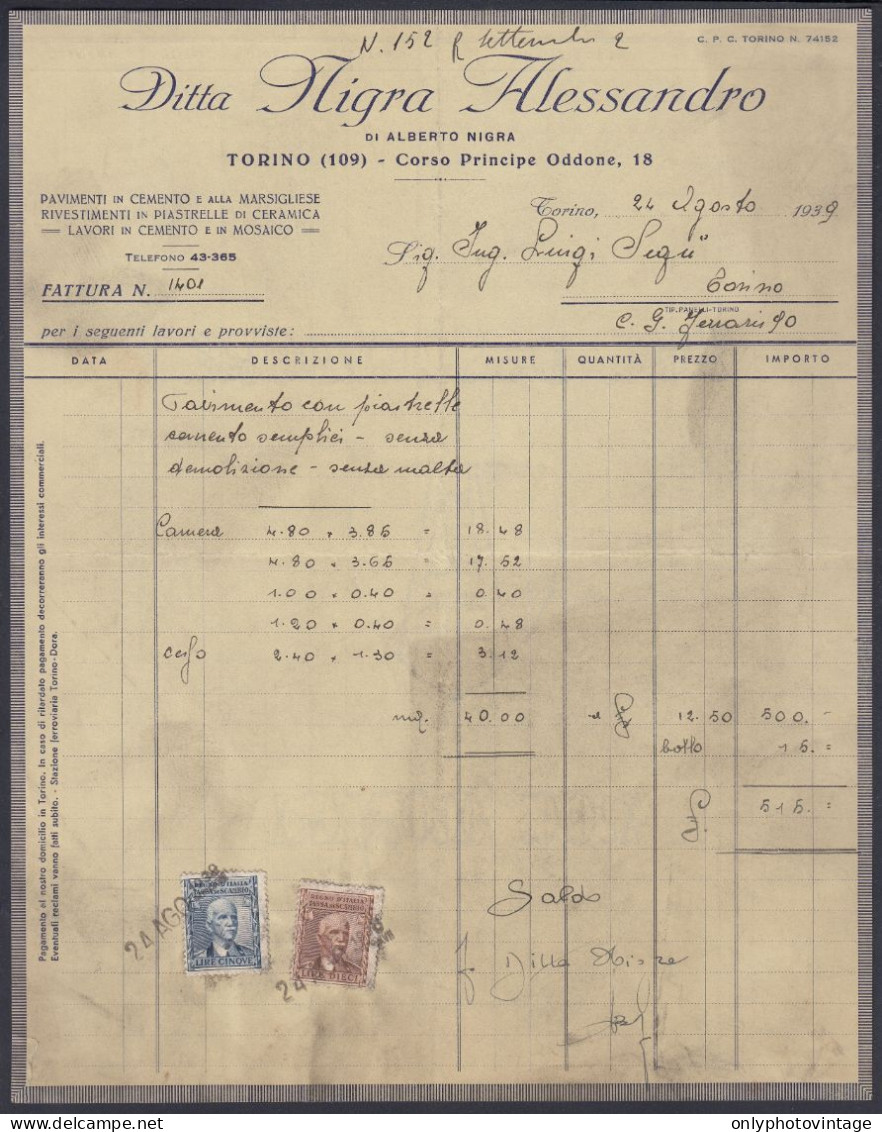 Torino 1939, Ditta Nigra Alessandro, Lavori In Cemento E In Mosaico, Fattura - Italie