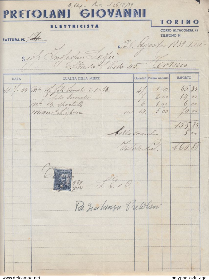 Torino 1939, Pretolani Giovanni, Elettricista, Marca Da Bollo, Fattura Epoca - Italie