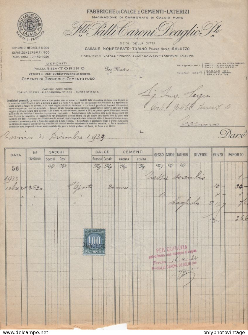 Torino 1933, F.lli Palli Caroni Deaglio, Fabbrica Di Calce E Cementi, Fattura - Italien