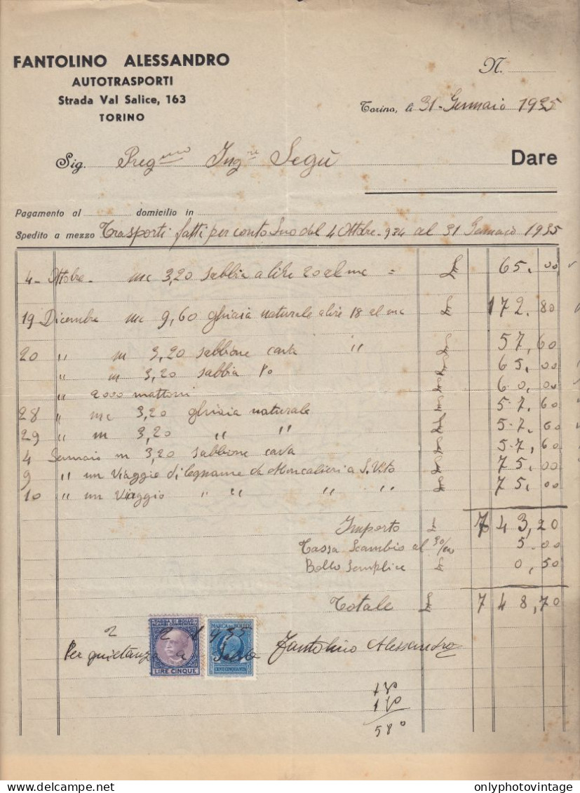 Torino 1935, Fantolino Alessandro, Autotrasporti, Fattura Epoca, Marche Da Bollo - Italie