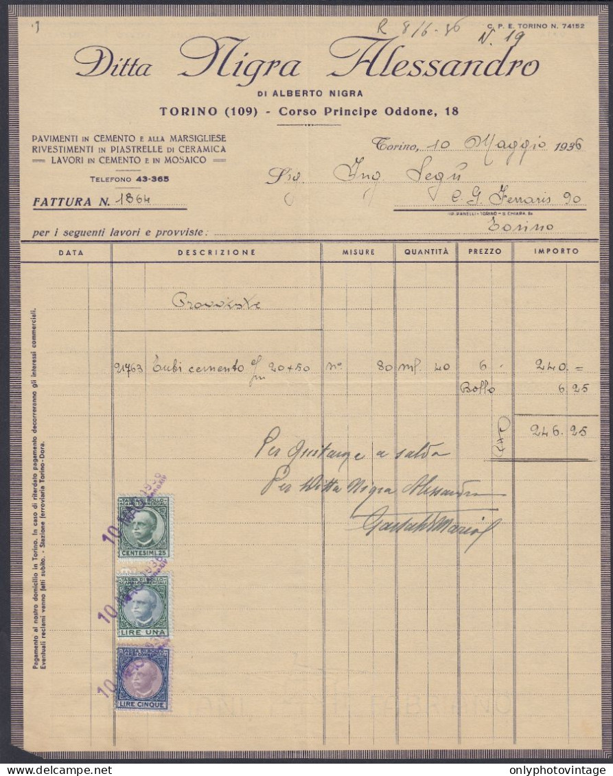 Torino 1936, Ditta Nigra Alessandro, Lavori In Cemento E In Mosaico, Fattura - Italie