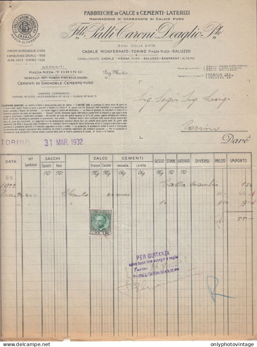 Torino 1932, F.lli Palli Caroni Deaglio, Fabbrica Di Calce E Cementi, Fattura - Italie