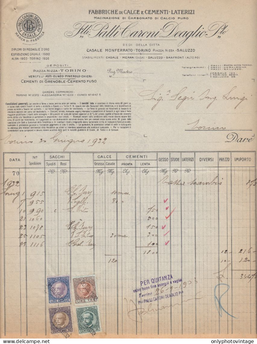 Torino 1932, F.lli Palli Caroni Deaglio, Fabbrica Di Calce E Cementi, Fattura - Italie