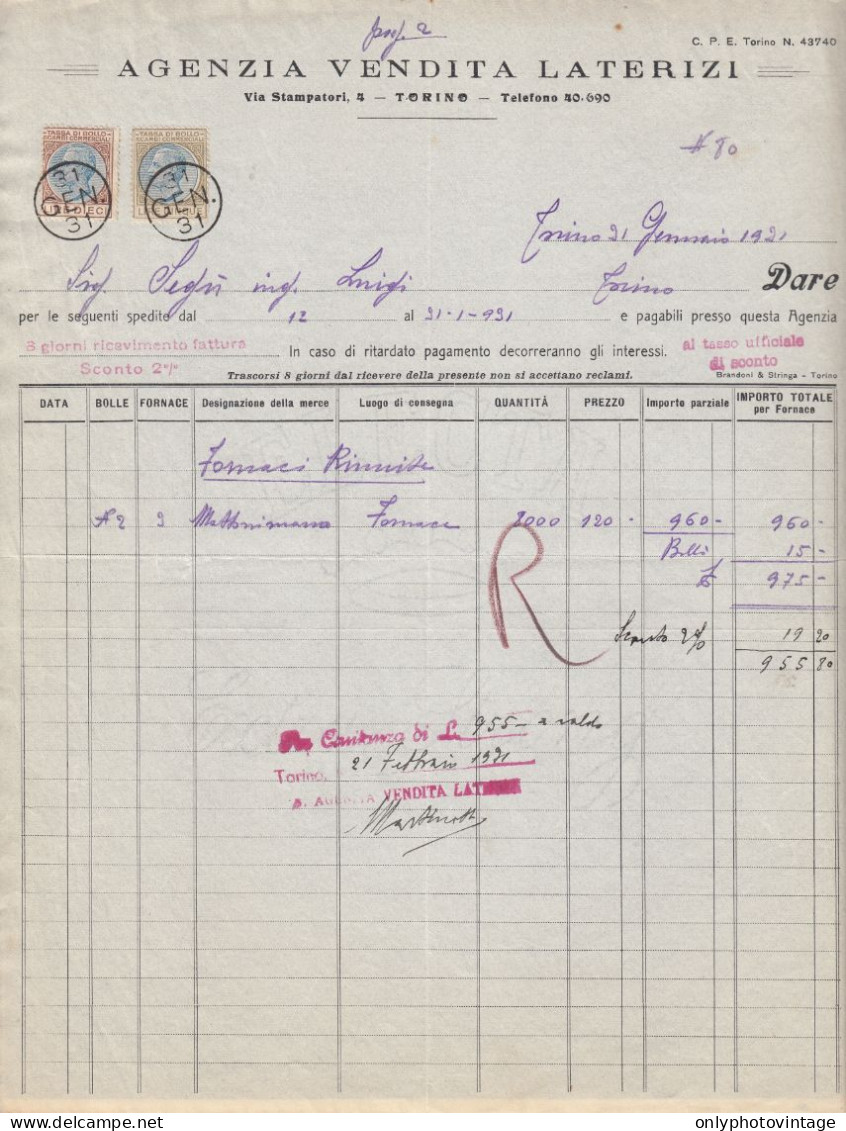 Torino 1931, Agenzia Vendita Laterizi, Fattura Commerciale, Marche Da Bollo - Italien