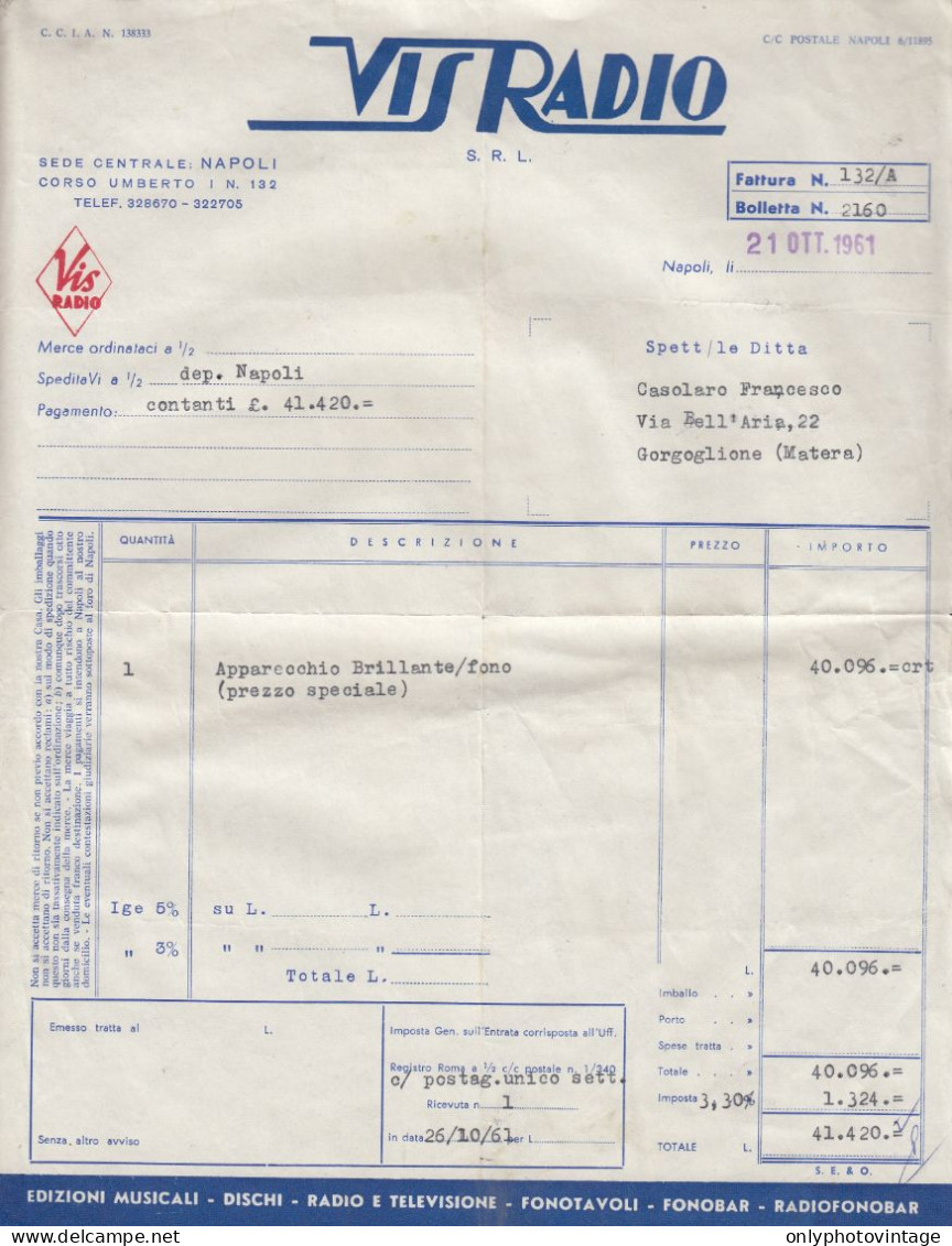 1961, Vis Radio Srl, Fattura Commerciale D'epoca - Italia