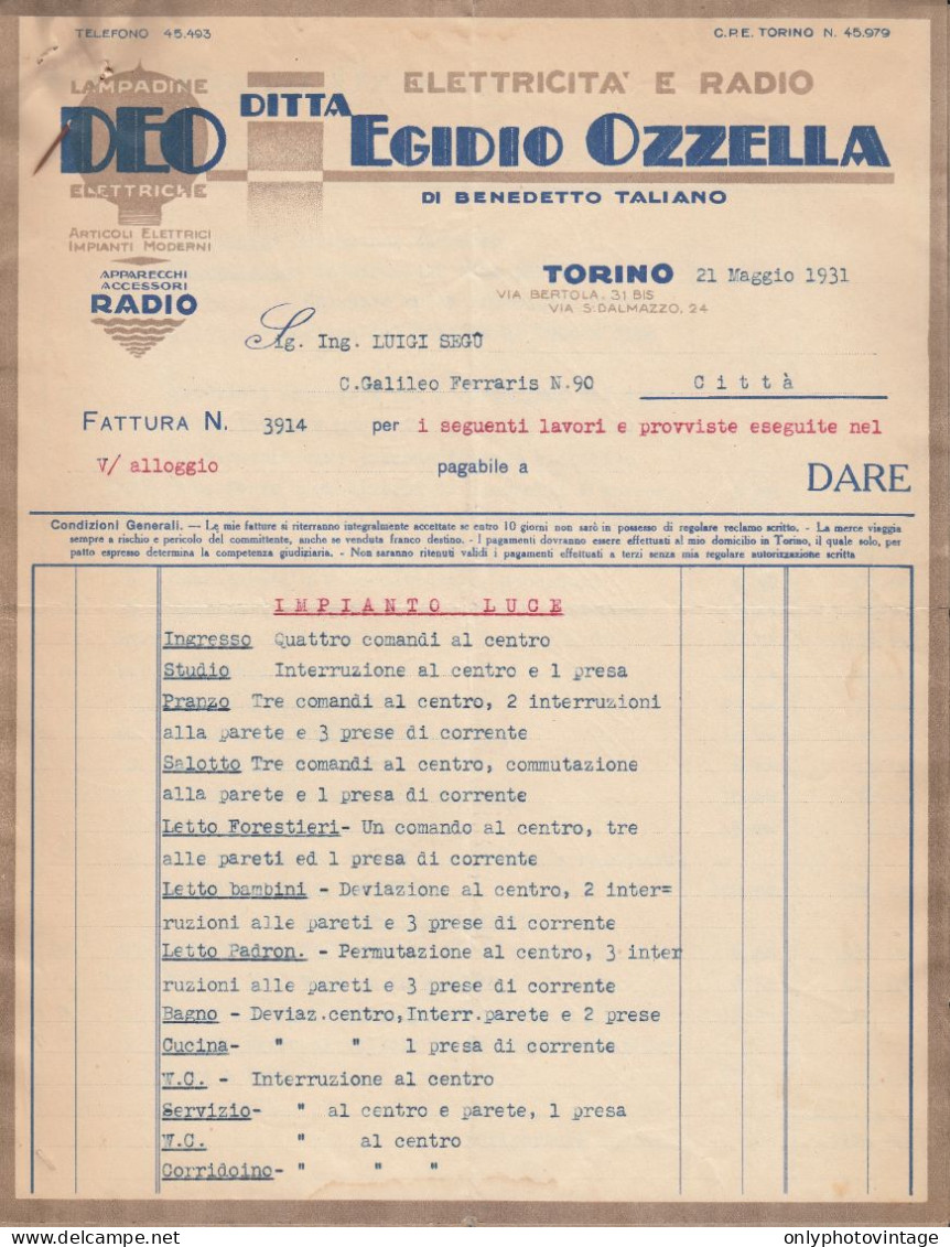 Torino 1931, Ditta Egidio Ozzella Di Benedetto Taliano, Lampadine Deo, Fattura - Italy