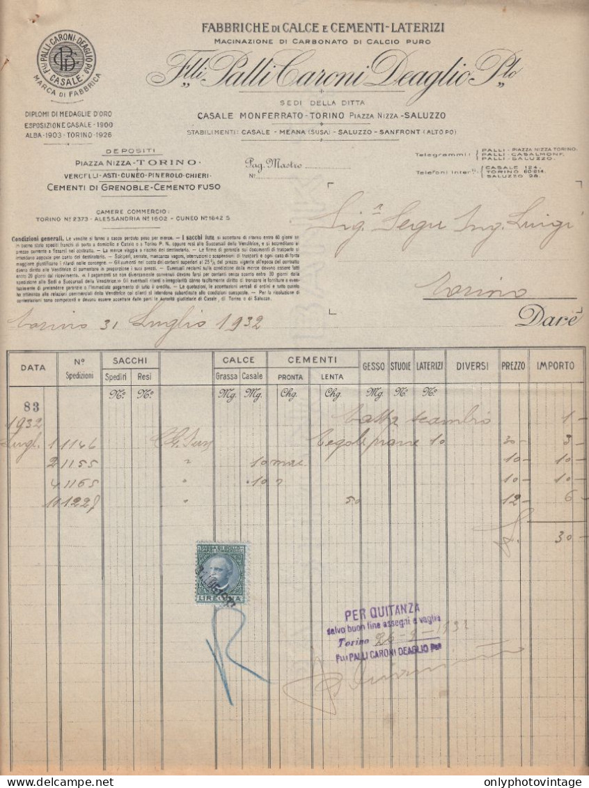 Torino 1932, F.lli Palli Caroni Deaglio, Fabbrica Di Calce E Cementi, Fattura - Italien