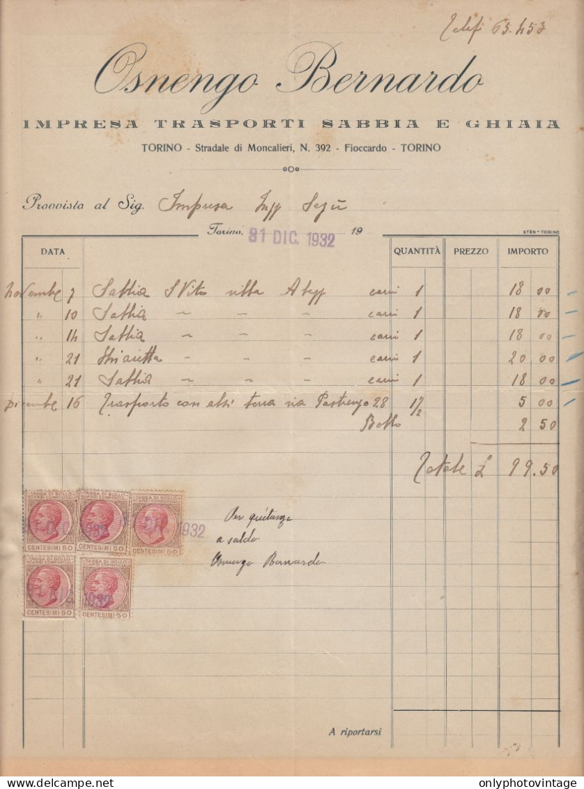 Torino 1932, Osnengo Bernardo, Impresa Trasporti Sabbia E Ghiaia, Fattura Epoca - Italy
