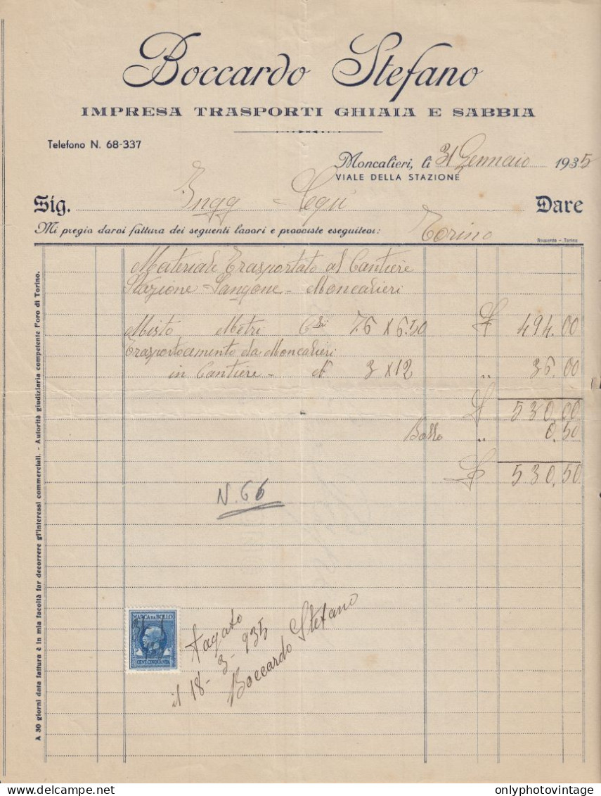 Moncalieri 1935, Boccardo Stefano, Impresa Trasporti Ghiaia E Sabbia, Fattura - Italy