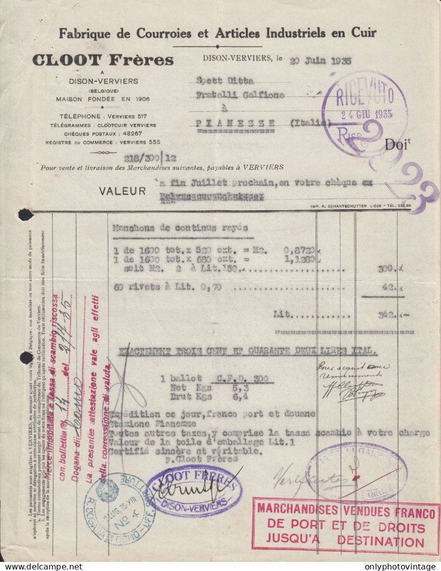 Dison-Verviers 1935 - Cloot Frères - Fabrique De Courroies - Fattura - 1900 – 1949