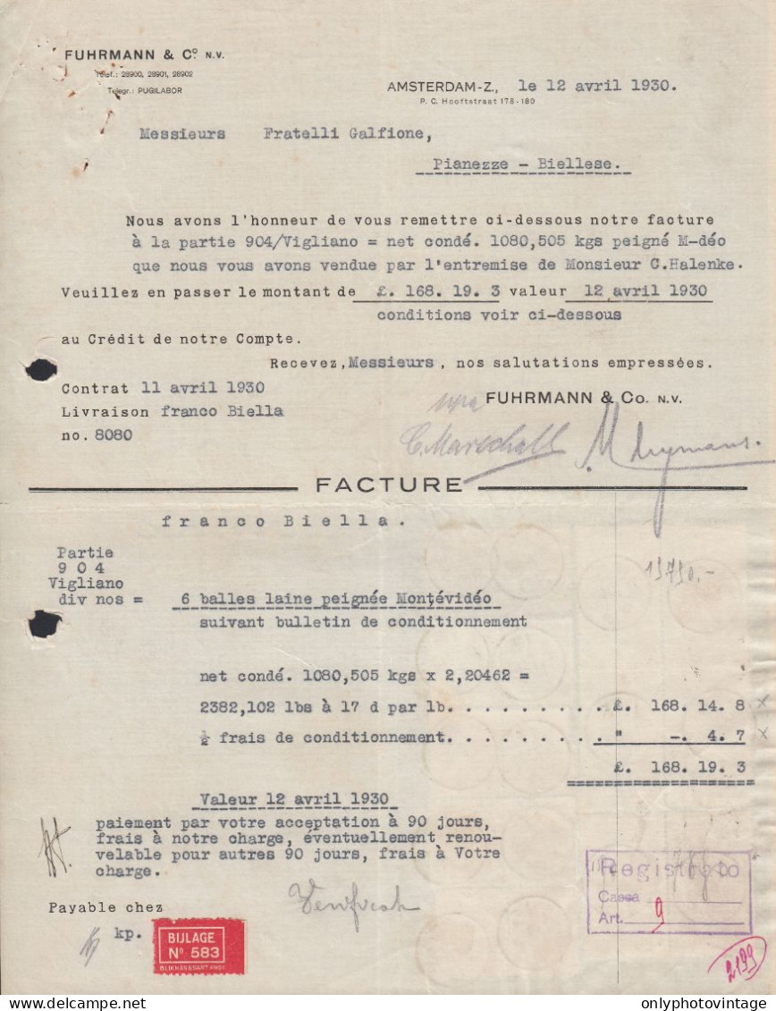 Amsterdam 1930 - Fuhrmann & C. - Fattura Epoca - Marche Da Bollo - Holanda